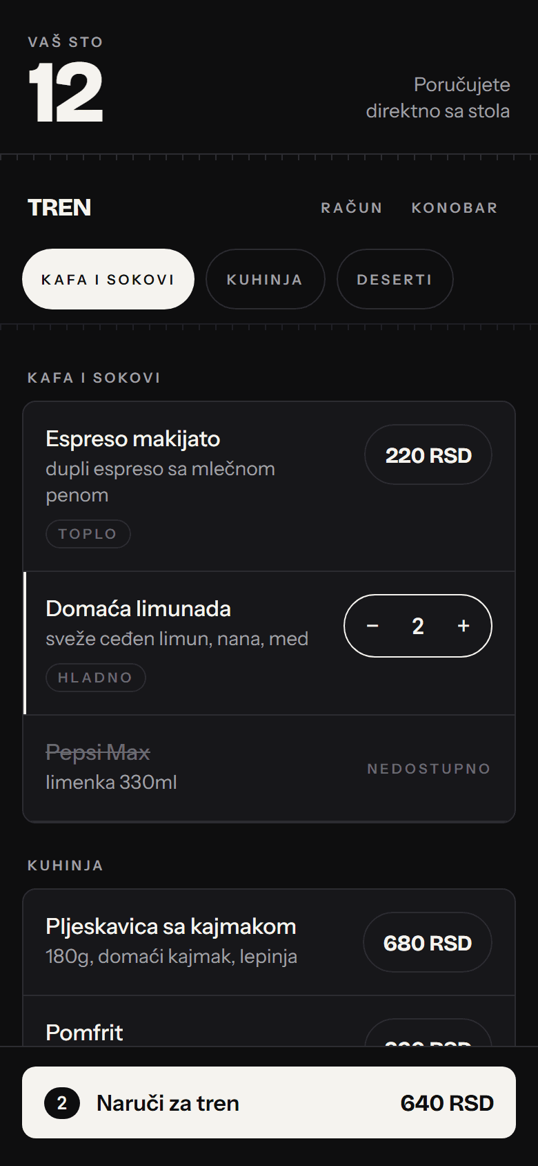 Gostov meni na telefonu